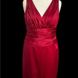 David's Bridal Satin V-Neck Midi Dress in Deep Red